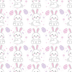 Seamless pattern with daisy garden and rabbits on pink background vector illustration.