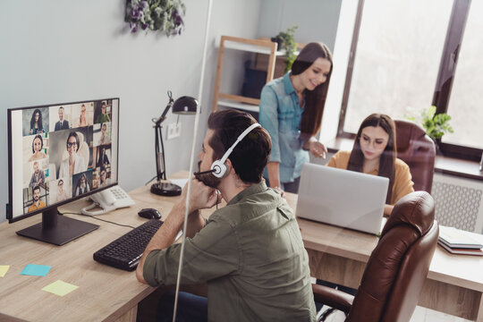 Portrait Of Corporate Partners Manager Communicate Video Call Startup Seminar Office Indoors