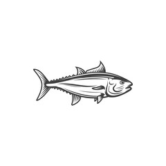 Tuna fish, fishing and food, ocean and marine fish vector icon. Tuna, bluefin skipjack or yellowfin bigeye fish symbol for fishery market catch or seafood menu