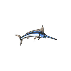 Broadbills fish sword like snout isolated swordfish cartoon icon. Vector predatory game fish with long, flat bill, Xiphiidae, seafood. Long toms marlin, broadbill saltfish with flattened snout