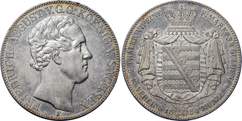 GERMANY SAXONY, Friedrich August II, 2 Taler 1854, toned, XF-UNC