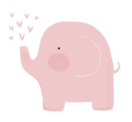 Lovely Hand Dran Nursery Vector Art with Sweet Pastel Pink Baby Elephant and Heart Fontain on a White Background. Cute Baby Shower Print ideal for Card, Wall Art. Baby Girl Welcome Party Decoration.