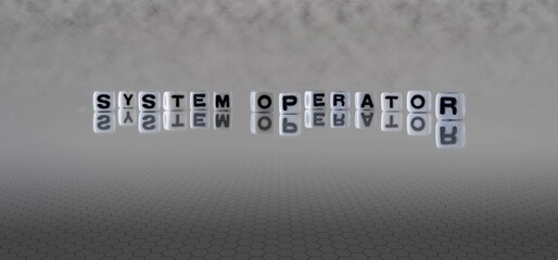 system operator word or concept represented by black and white letter cubes on a grey horizon background stretching to infinity