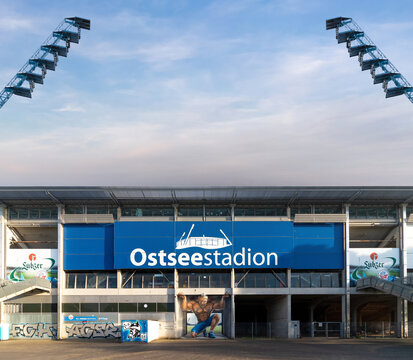 Facade of the Ostseestadion, home stadium for FC Hansa Rostock. Germany - May 2022