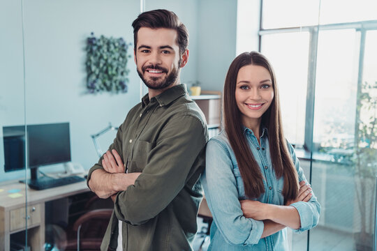 Portrait Of Two Attractive Cheerful Leaders Partners Economist Folded Arms Developing Web It Project At Work Place Station Indoors