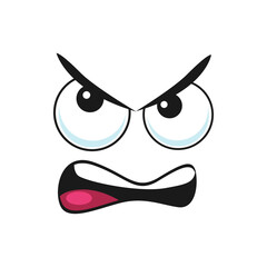 Cartoon grumble face, vector emoji with angry eyes and open mouth. Griper negative facial expression, growl feelings, comic murmur face isolated on white background - obrazy, fototapety, plakaty