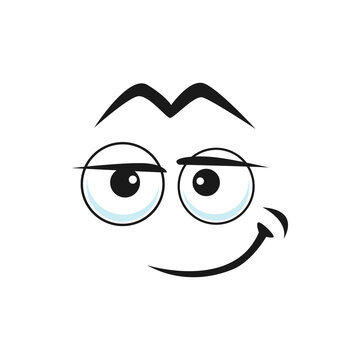 Cartoon Face Vector Funny Smirk Smile Emoji, Satisfied Relaxed Facial Expression. Positive Feelings, Relief Smiling Character Isolated On White Background