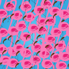 Seamless pattern with pink flamingos on blue gradient background. Set of tropical birds. Banner with collection of pink flamingos. Exotic summer concept.