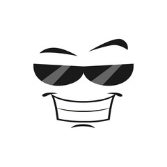 Cartoon face in sunglasses and wide smile. Vector confident facial expression. Isolated funny character positive emotion, comic face with toothy smiling mouth and black eyeglasses