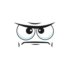 Displeased cartoon face, vector emoji with squinted eyes look sullenly and closed mouth with corners curved down. Negative facial expression, sullen feelings isolated on white background
