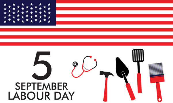 USA Labor Day Poster With People Of Different Occupations with USA Flag Over Background With Copy Space Happy Labour Day USA, 5 September