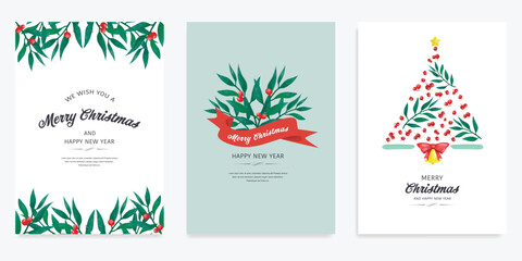Merry Christmas vintage label with watercolor green fir branches. Watercolor vector invitations isolated on white background