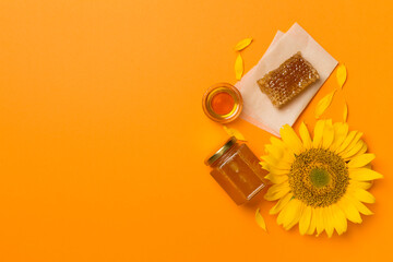 Flat lay with sunflower honey on color background, top view