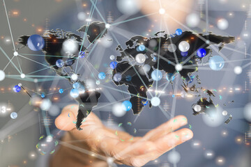 abstract lines with dots over dark background.