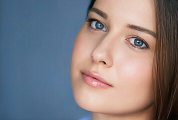 Beauty and skincare, beautiful woman with blue eyes, natural make-up, face portrait close-up