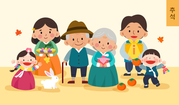 Chuseok (written in Korean character) vector illustration. Korean Family Enjoying thanksgiving day...