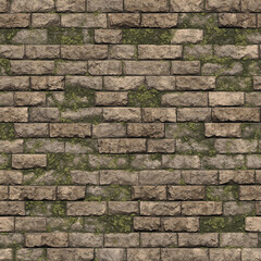 3D Realistic vintage Medieval brick wall with moss algae rendered texture background image