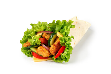 Sandwich roll with chicken meat, vegetables, lettuce, pita roll, burrito, tortillas with chicken,...