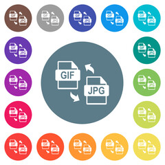 GIF JPG file conversion flat white icons on round color backgrounds