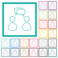 Two talking persons with rounded square bubbles outline flat color icons with quadrant frames