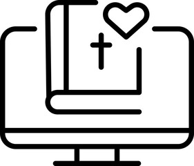 Monitor with Holy Bible and heart outline logo. Computer line vector icon. linear style sign for mobile concept and online web design. Symbol illustration graphic