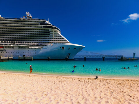 Ocean Cay, Bahamas - April 29, 2022: MSC Seashore cruise ship docked at tropical island Ocean Cay, Bahamas during Caribbean voyage