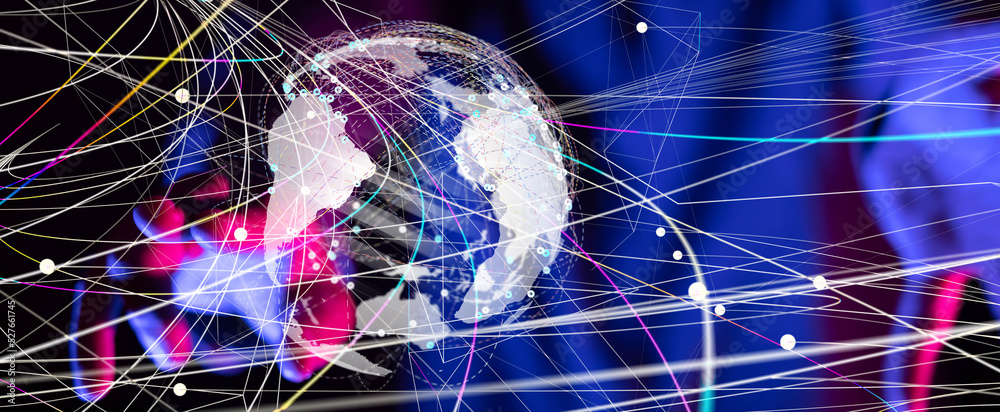 Poster world Global network. Blockchain. 3D illustration. Neural networks and artificial intelligence. Abstract