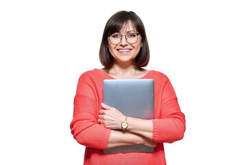 Smiling woman with laptop on white isolated background