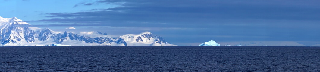 Panorama of snow covered mountains at Portal Point in Antarctica