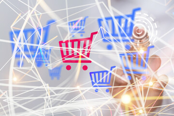 Fototapeta premium Shopping cart on digital tablet. Shopping online concept..