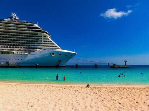 Ocean Cay, Bahamas - April 29, 2022: MSC Seashore cruise ship docked at tropical island Ocean Cay, Bahamas during Caribbean voyage