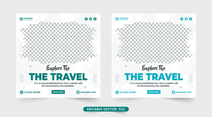 Travel agency promotion banner template for social media posts. Family vacation planner business template with discount section. Tour and travel social media post design with green and blue colors.