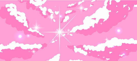 Anime cartoon sky with clouds and shiny sun glares.