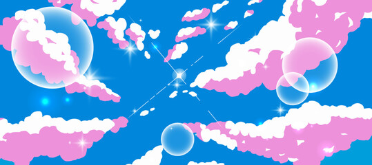 Anime cartoon sky with clouds and shiny sun glares.