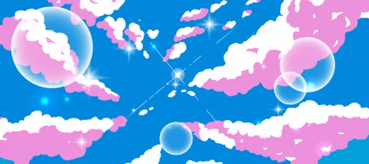 Papier Peint photo Chambre denfants Anime cartoon sky with clouds and shiny sun glares.