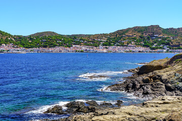 View of the Costa Brava with its mountainous landscape by the sea on a summer day, Port de la Selva, Girona.