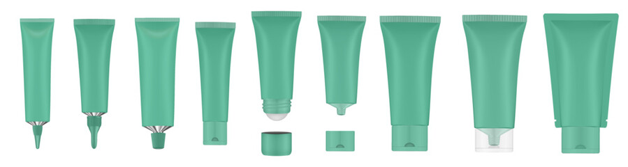 Set of green tubes and bottles. Roller ball tube. Open and closed blank tubes with screw cap. Realistic mockup. Long nozzle tube. Ointment or salve. Gel serum. Korean packaging