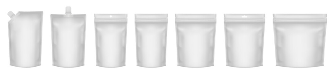 Set of realistic doy pack mockups. White flow pack, sachet, zip bag and doypack	