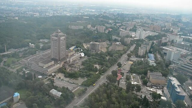 birds-eye urban ukraine travel, kyiv aerial cityscape panorama view in summer day, europe green area, tourism diversity