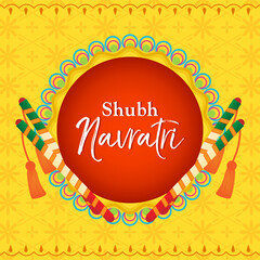 Shubh Navratri(Happy Navratri) vector illustration, Dandiya sticks on yellow Indian pattern background.