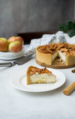 a piece of apple pie with cinnamon on light table.