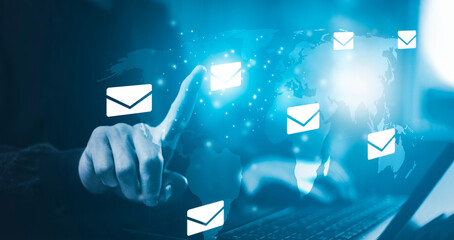 Businessman hand touch  communication icons, letter icon, email icons, and newsletter email and...