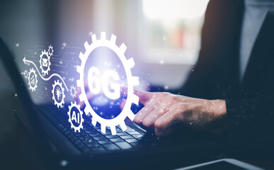 Global network connection 6G concept, laptop with Global network connection 6G with icon concept, technology network wireless systems and internet of things, new technologies coming up in the future.