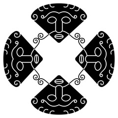 Geometrical design with masks of Norse god Loki. Black and white silhouette. - obrazy, fototapety, plakaty