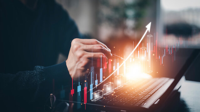 planning and strategy, Stock market, Business growth, progress or success concept. man with trader is showing a growing virtual hologram stock, invest in trading, analytics and financial concept