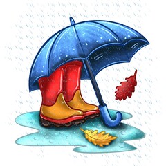 Rainy autumn boots under a blue umbrella
