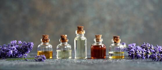 Bottles of essential oil with blooming lavender plant