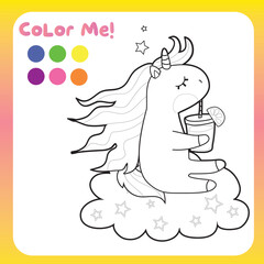 Coloring unicorn worksheet for children. Educational printable worksheet. Motor skills for children. Vector illustrations. 