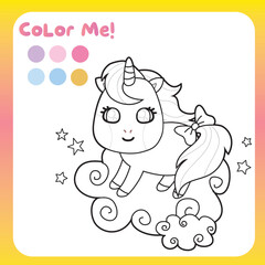 Coloring unicorn worksheet for children. Educational printable worksheet. Motor skills for children. Vector illustrations. 
