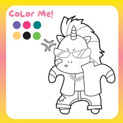 Coloring unicorn worksheet for children. Educational printable worksheet. Motor skills for children. Vector illustrations. 